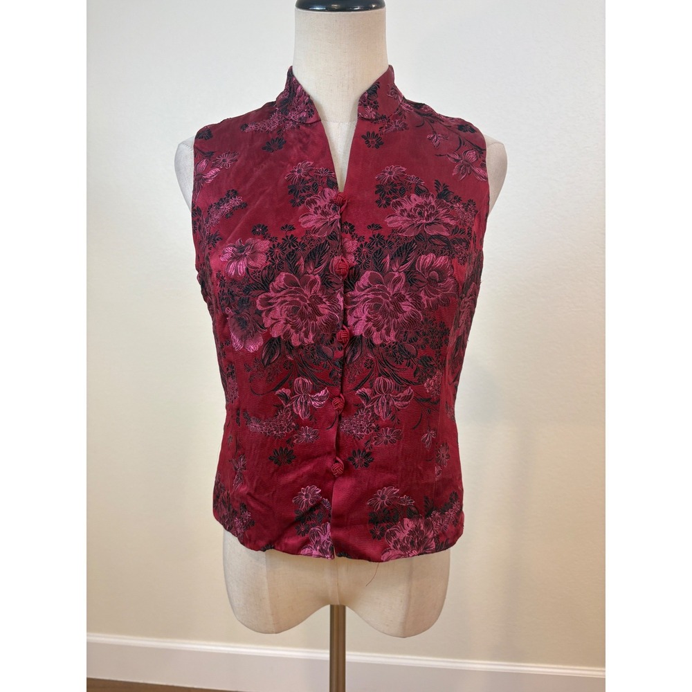 Vtg Ann Taylor Vest Top 8P Red Silk Floral Mandarin 90s Artsy vampy Brocade